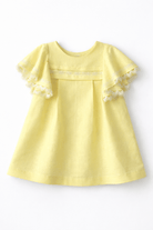 Basmarti SS26 girls lemon yellow dress with lace trim sleeves, Spanish children's wear summer occasion dress.