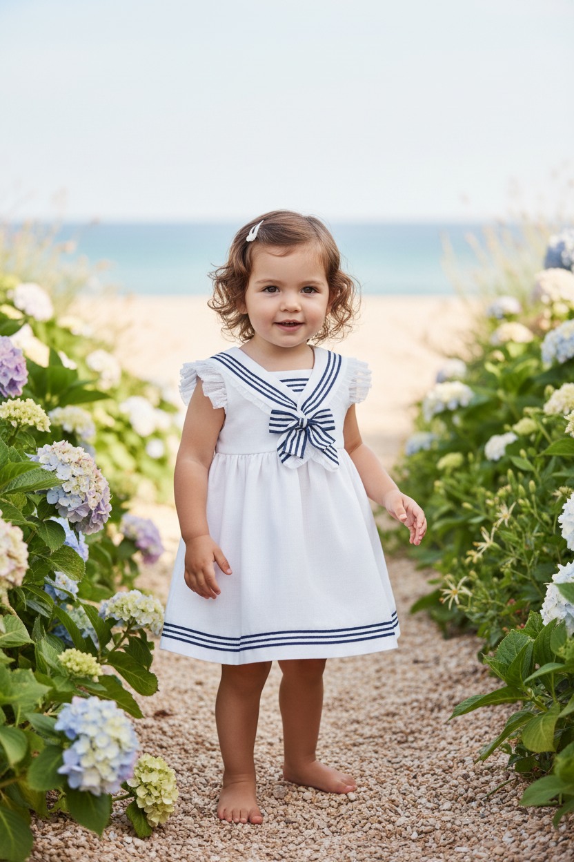 Basmarti SS26 baby girls white and navy sailor dress 3m–24m