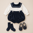 Be Chic baby boys navy velvet romper with ivory sailor collar made in Portugal AW26