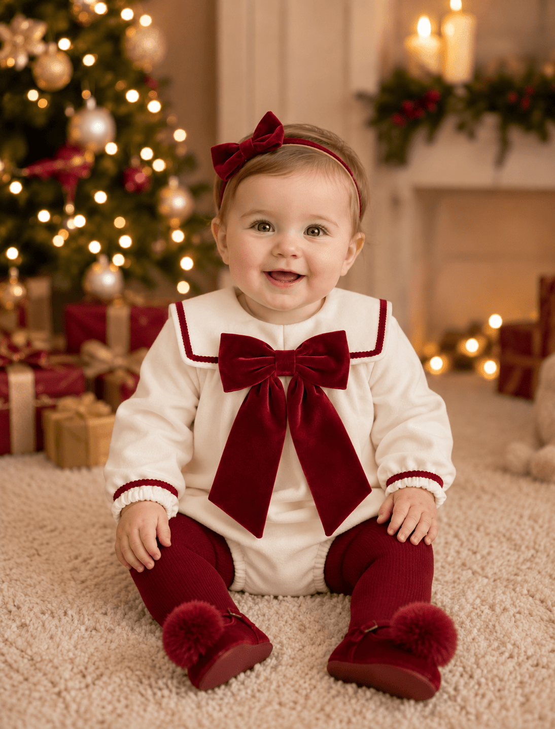 Be Chic Baby Girls Ivory and Burgundy Velvet Bow Romper | AW26