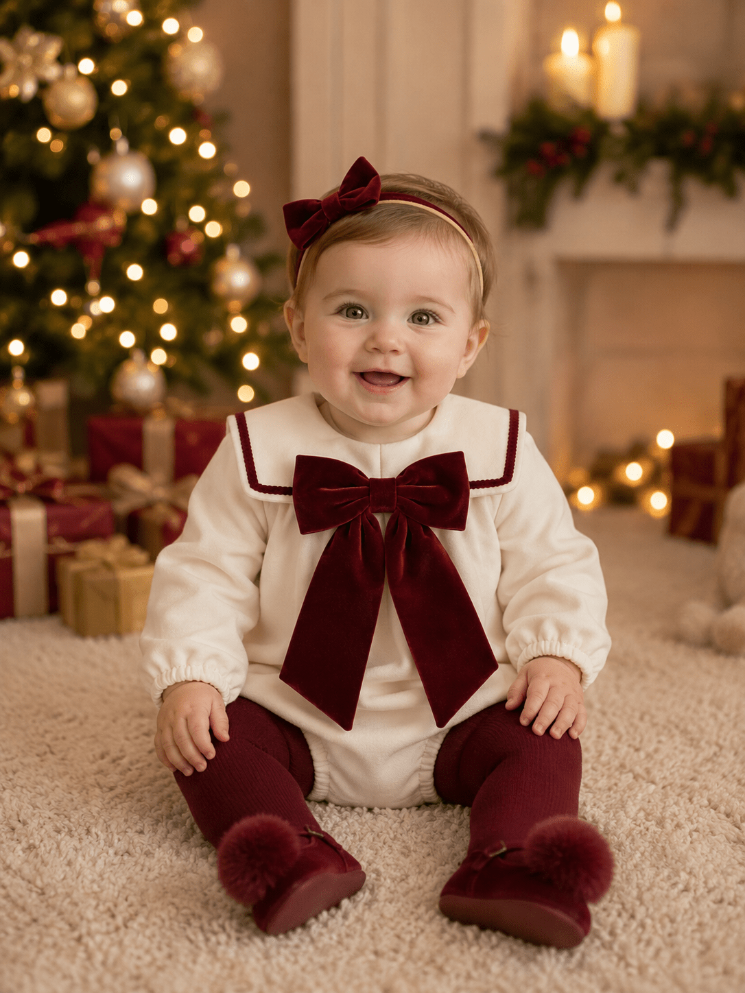 Be Chic baby girls ivory romper with burgundy velvet bow and sailor collar made in Portugal AW26