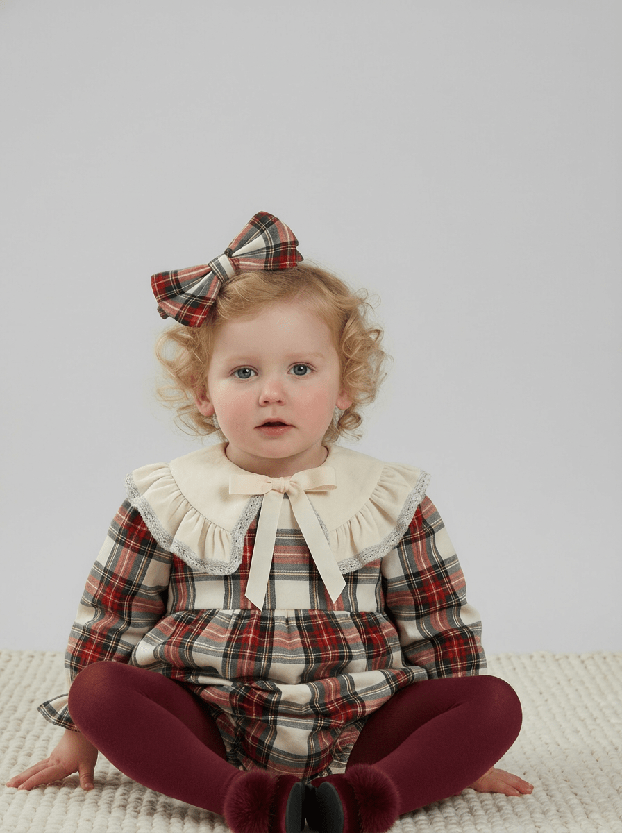 Be Chic baby girls ivory tartan romper with Peter Pan collar and satin bow made in Portugal AW26