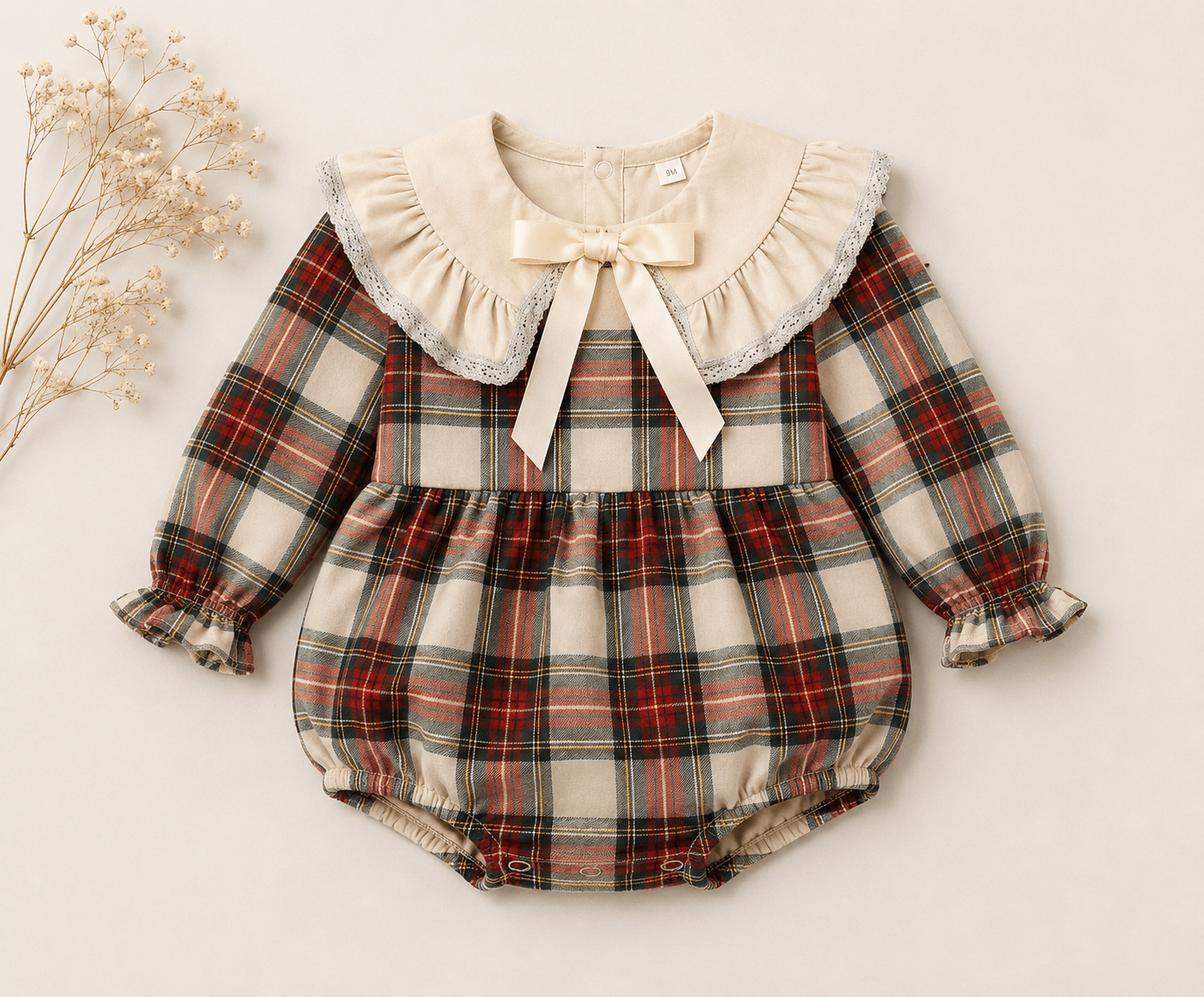 Be Chic baby girls ivory tartan romper with Peter Pan collar and satin bow made in Portugal AW26