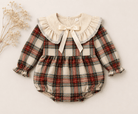 Be Chic baby girls ivory tartan romper with Peter Pan collar and satin bow made in Portugal AW26