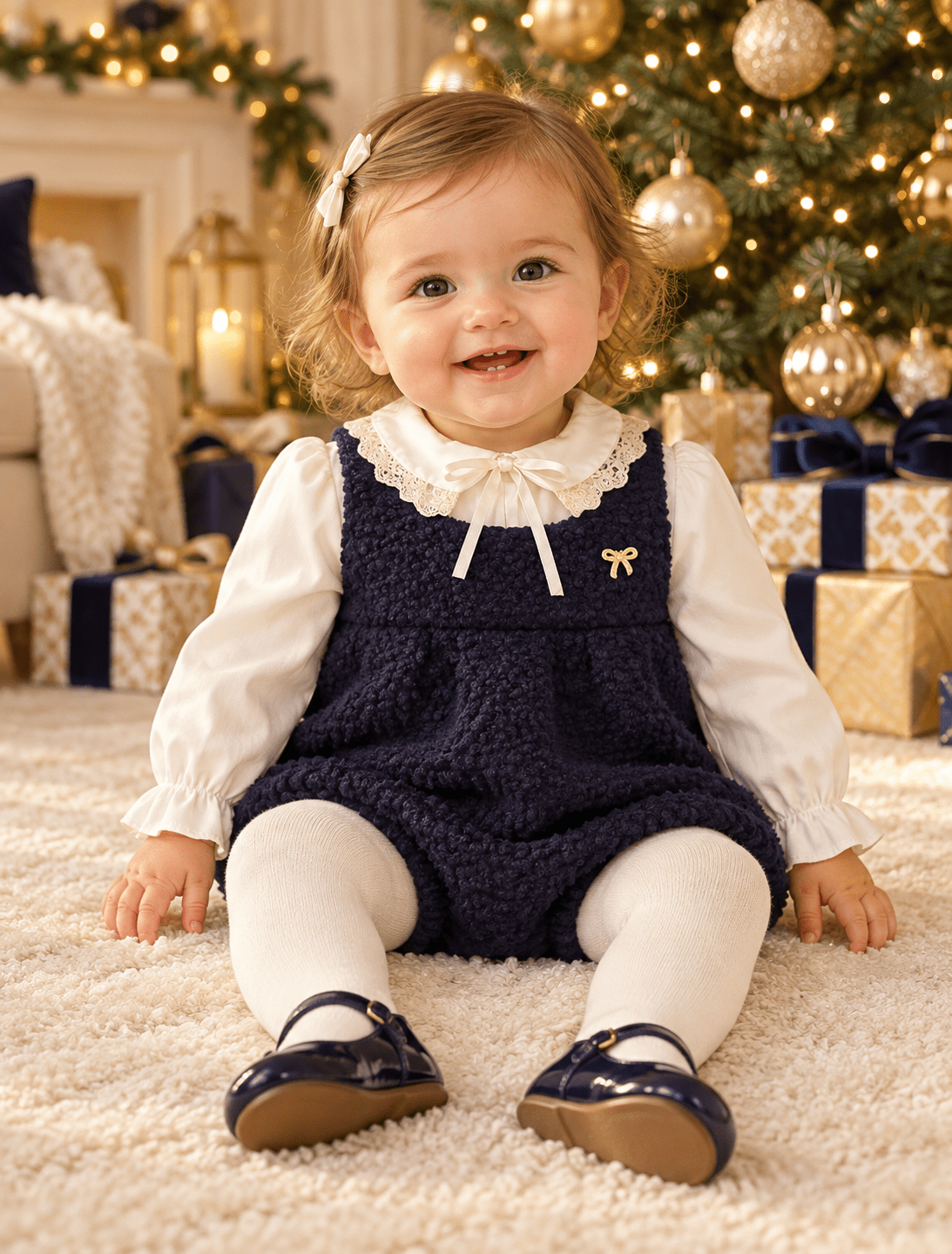 A toddler girl sitting on a white shag rug in front of a decorated Christmas tree and fireplace. She is wearing a Be Chic navy blue textured boucle romper over a white long-sleeve blouse with a ruffled collar and bow, white tights, and navy Mary Jane shoes.