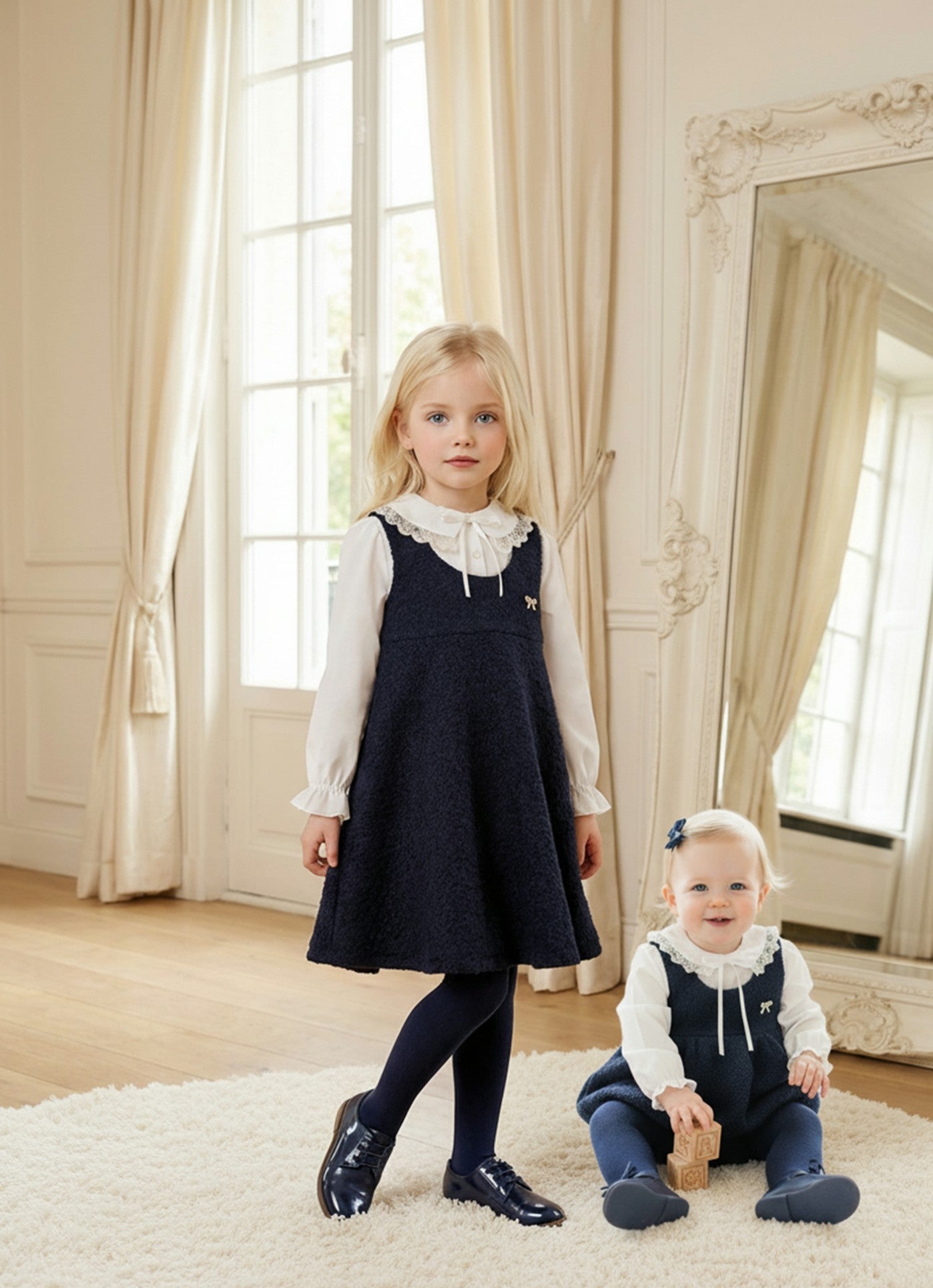 Be Chic baby girls navy bouclé romper with ivory lace collar blouse made in Portugal AW26