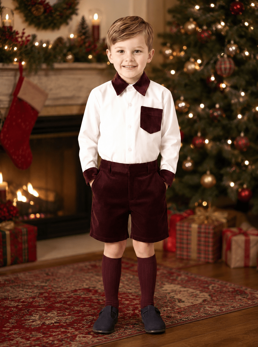 Be Chic boys ivory and burgundy velvet shorts with matching shirt for AW26. 