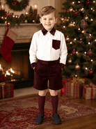 Be Chic boys ivory and burgundy velvet shorts with matching shirt for AW26. 