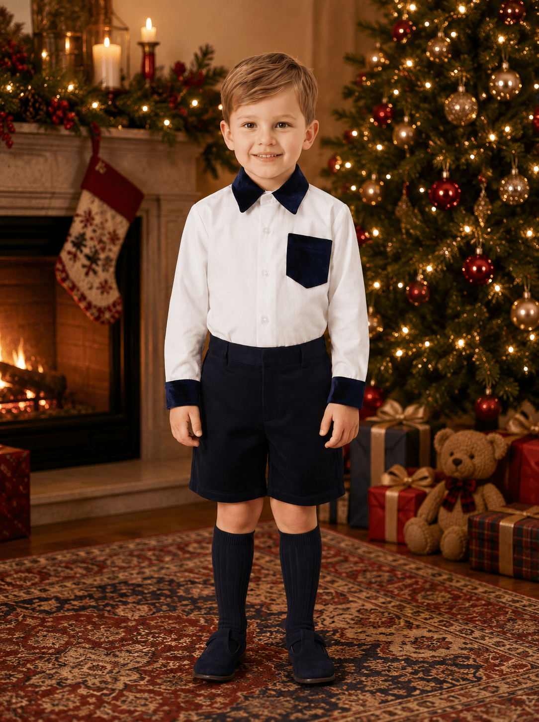 A young boy stands in a holiday-themed room wearing a white long-sleeve shirt with dark navy collar, cuffs, and chest pocket, paired with navy shorts and navy knee-high socks. A decorated Christmas tree, fireplace, and gifts are visible in the background.