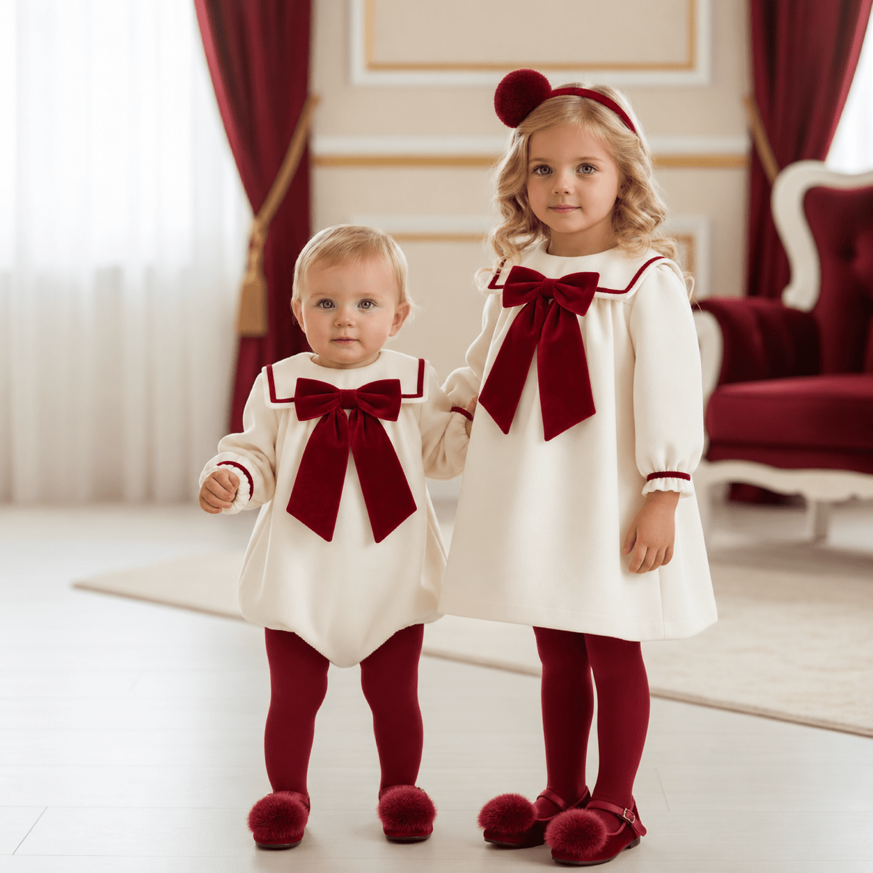 Be Chic Girls Ivory and Burgundy Velvet Bow Dress | AW26
