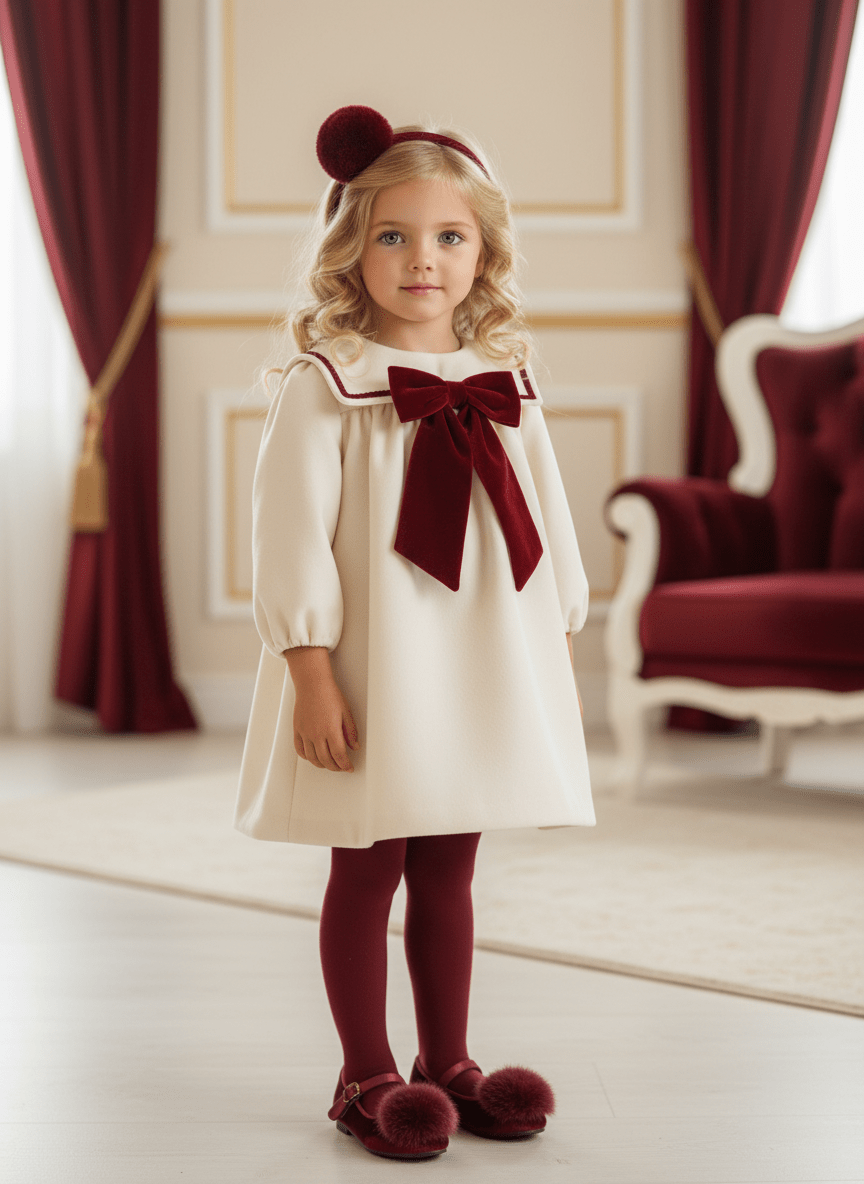 Be Chic girls ivory dress with burgundy velvet bow and sailor collar made in Portugal AW26