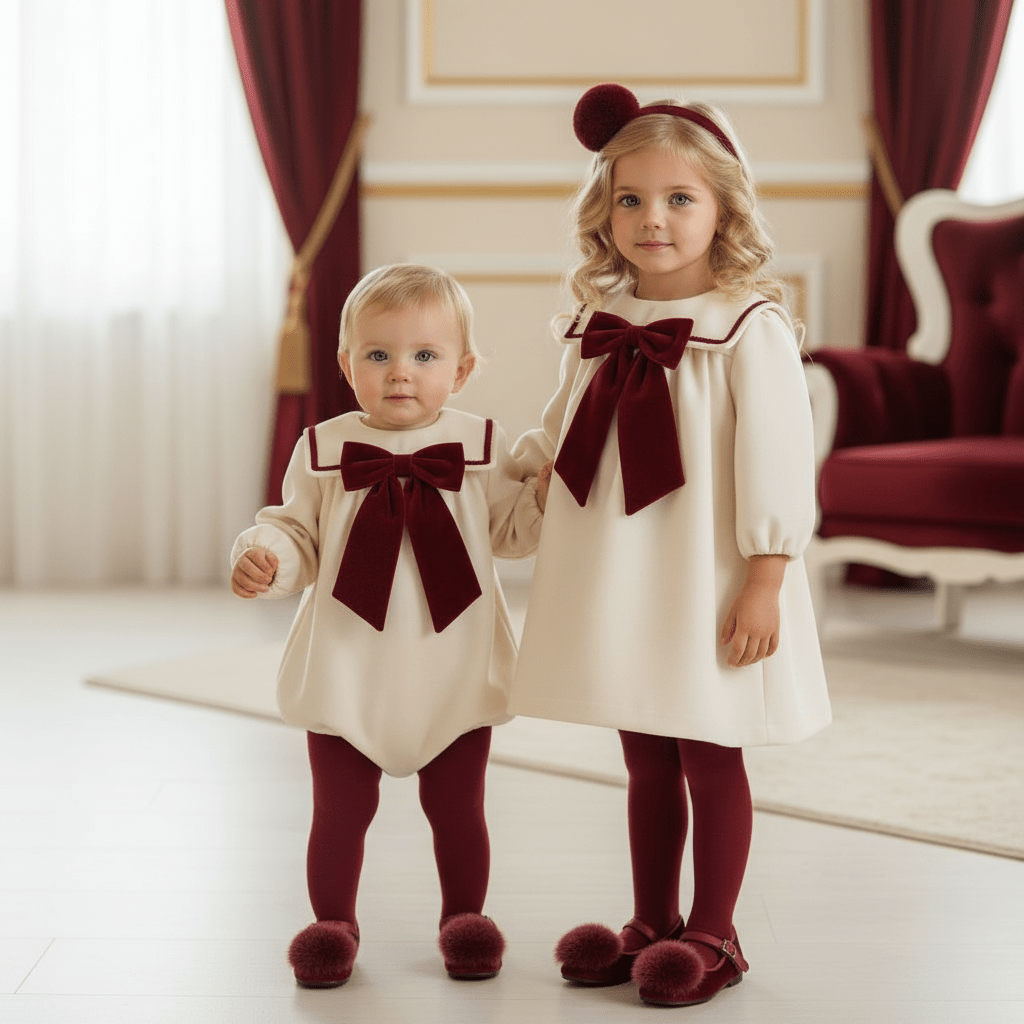 Two young children standing indoors wearing matching cream dresses with large burgundy bow details, dark red tights, and dark red shoes. The room has cream walls, deep red curtains, and a red upholstered chair in the background.