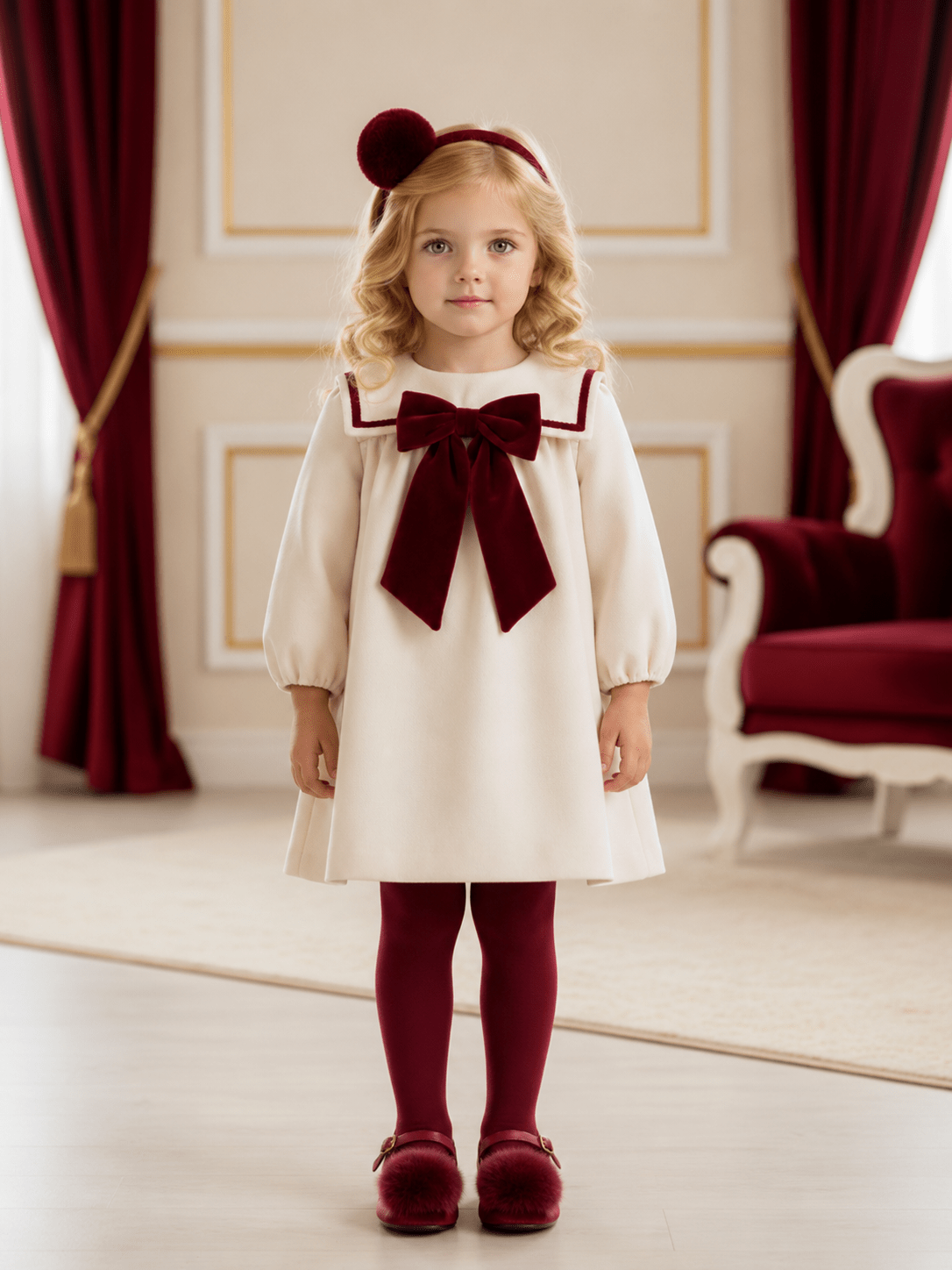 Be Chic Girls Ivory and Burgundy Velvet Bow Dress | AW26 PRE-ORDER