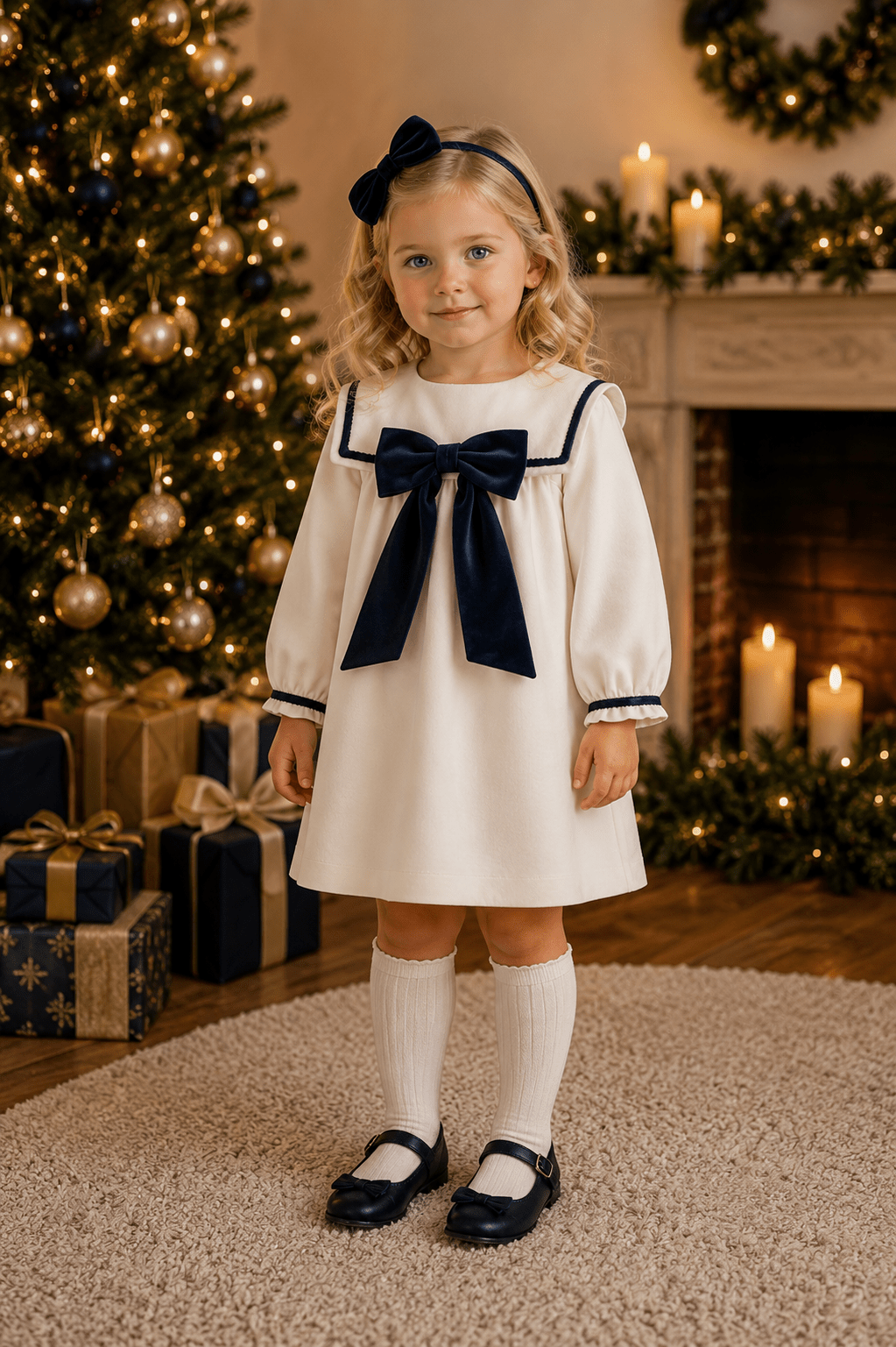 Be Chic girls ivory dress with navy velvet bow luxury Portuguese occasion dress AW26
