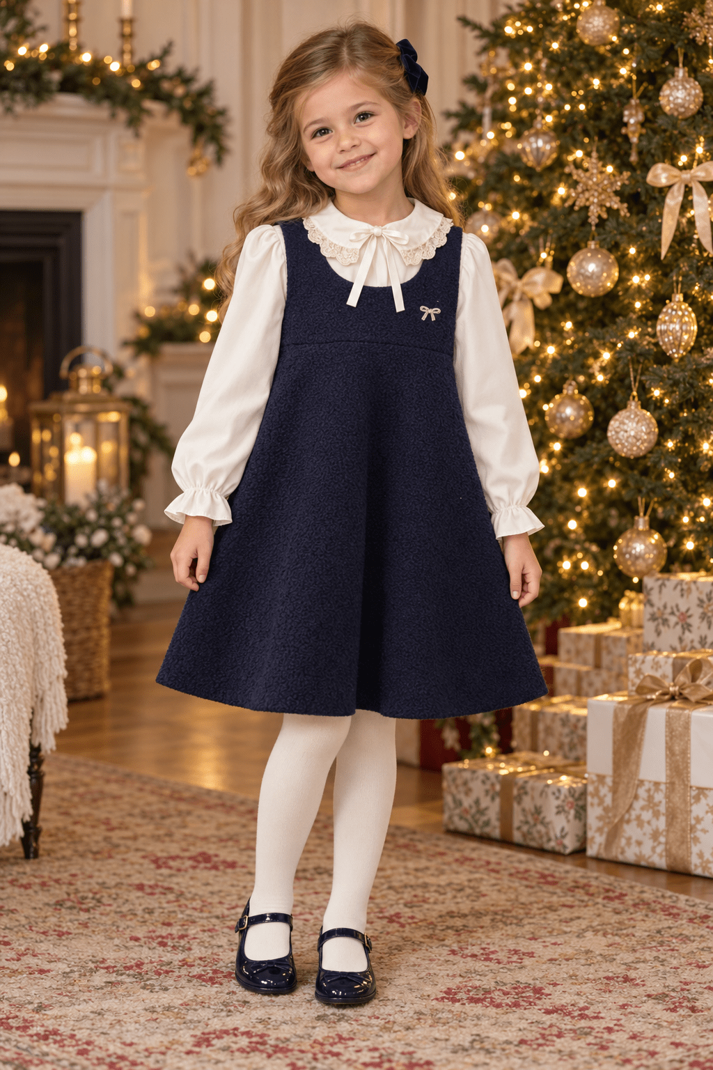 A young girl stands in a decorated holiday room wearing a Be Chic navy blue pinafore-style dress over a white long-sleeve blouse, with white tights and navy shoes. A Christmas tree with lights and wrapped presents is visible in the background.