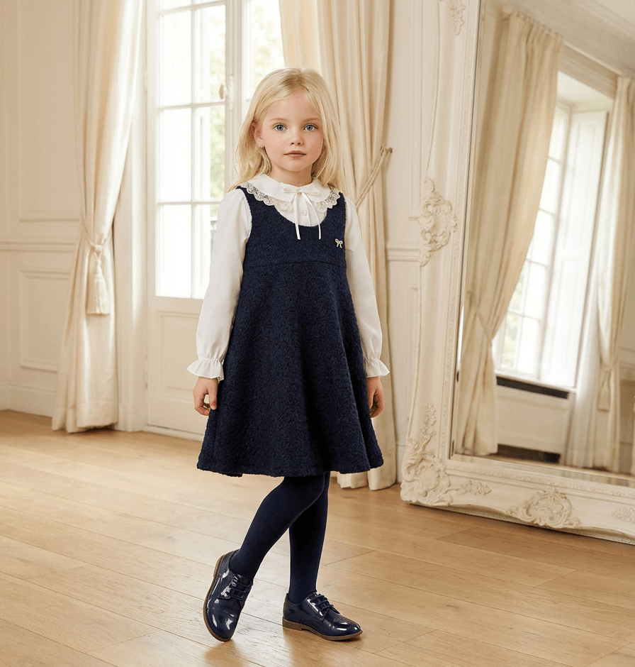 Be Chic girls navy bouclé pinafore dress with ivory lace collar blouse made in Portugal AW26