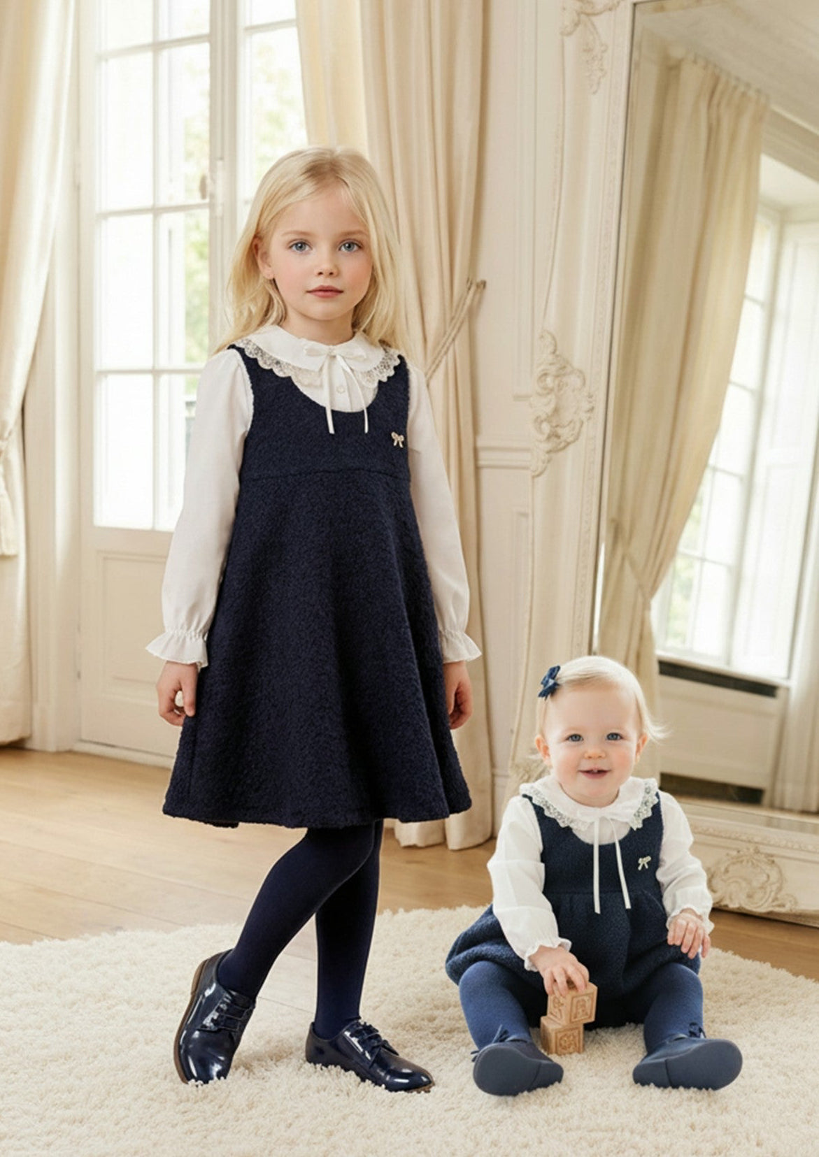 Be Chic girls navy bouclé pinafore dress with ivory lace collar blouse made in Portugal AW26