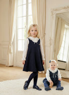 Be Chic girls navy bouclé pinafore dress with ivory lace collar blouse made in Portugal AW26