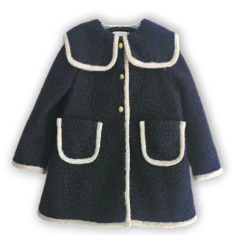 Be Chic girls navy bouclé coat with ivory trim and ivory velvet bow luxury Portuguese children's coat AW26