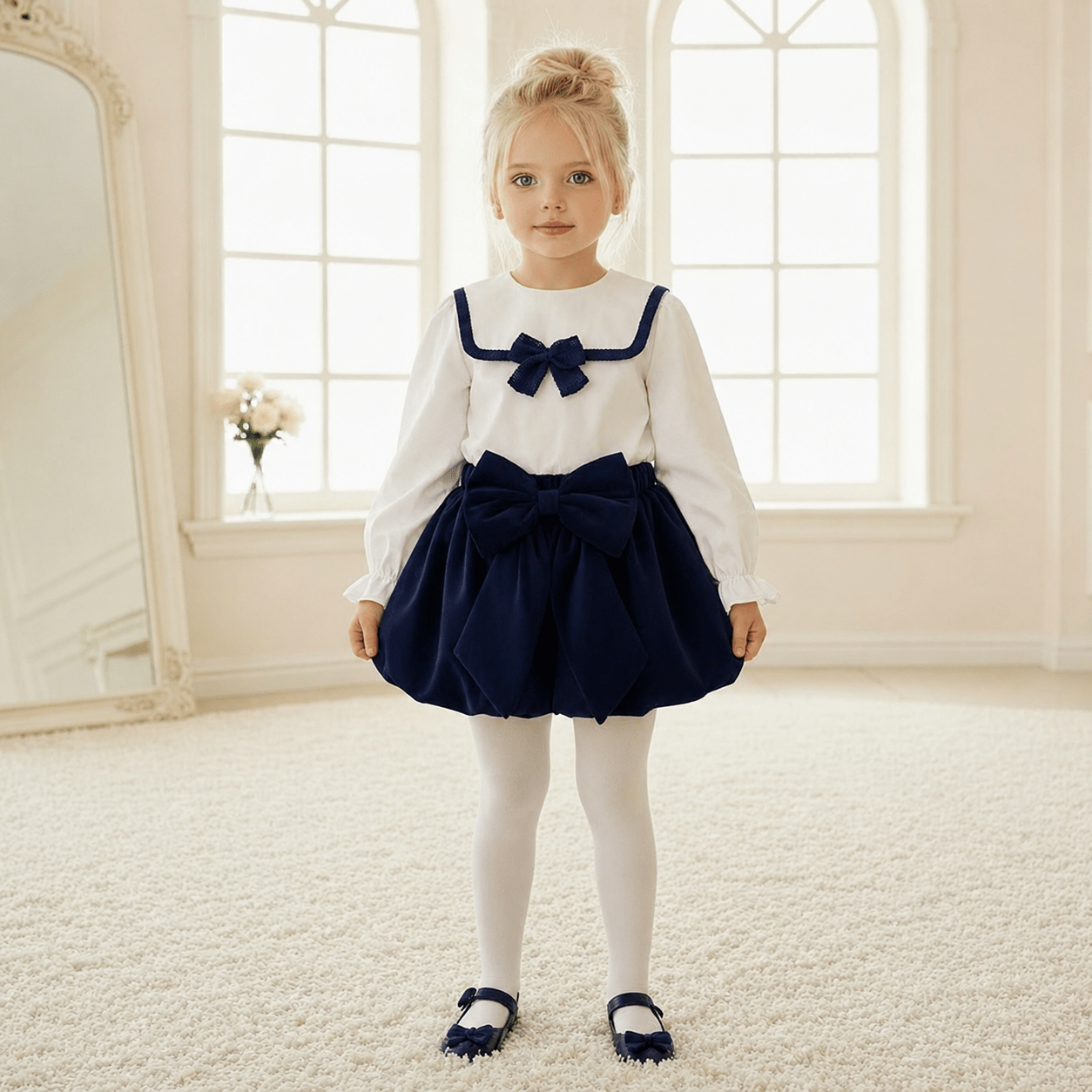 Be Chic girls navy velvet puffy shorts with ivory sailor blouse made in Portugal AW26