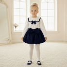Be Chic girls navy velvet puffy shorts with ivory sailor blouse made in Portugal AW26
