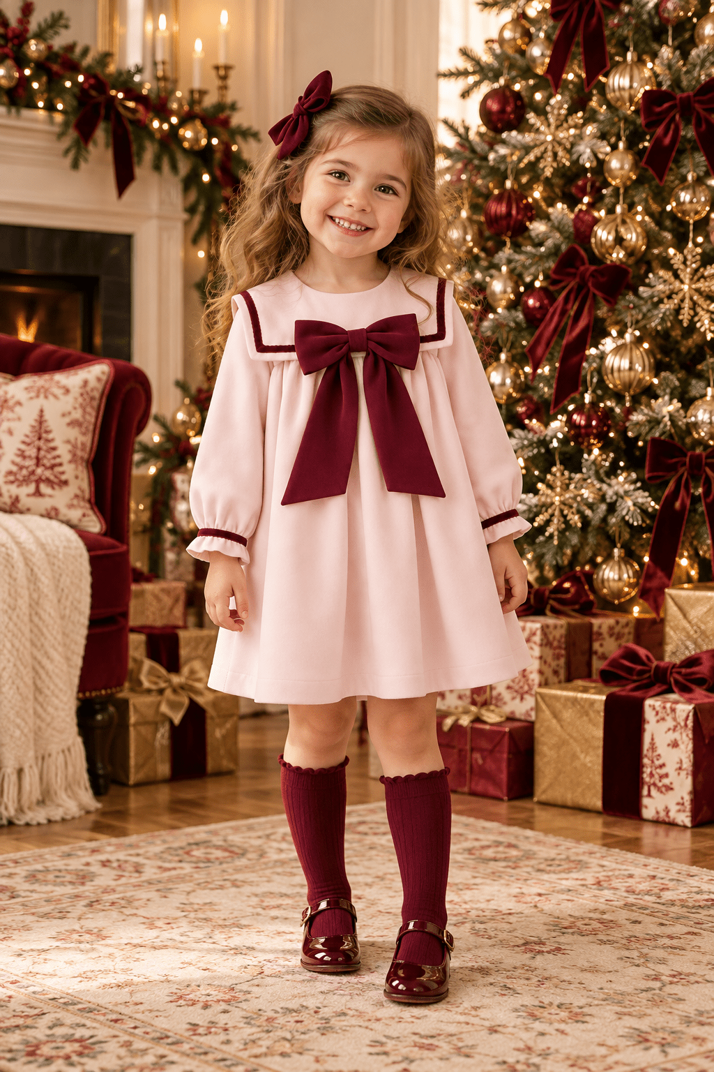Be Chic Girls Pink & Burgundy Bow Dress | AW26 PRE-ORDER End OCT
