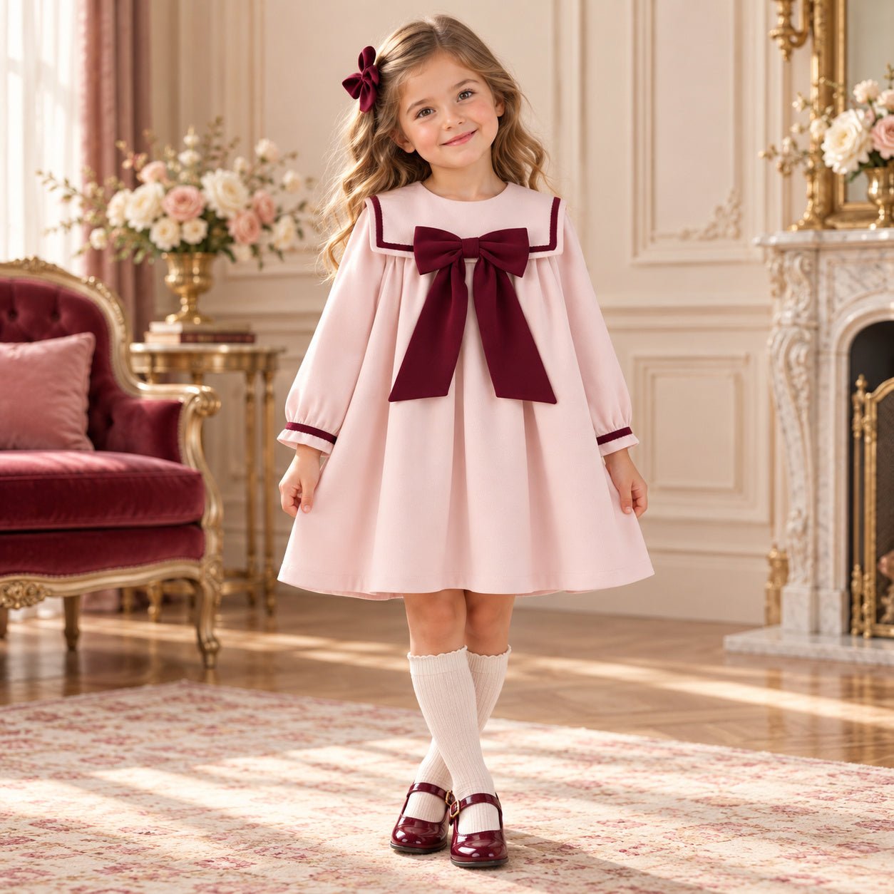 Be Chic Girls Pink & Burgundy Bow Dress | AW26 PRE-ORDER End OCT