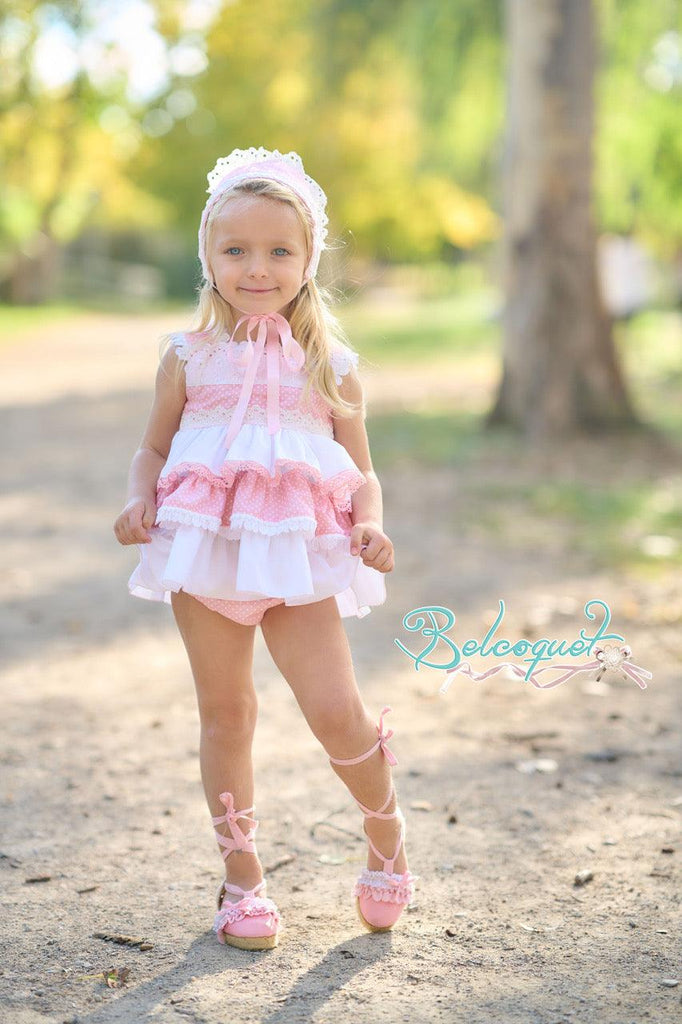 Belcoquet SS24 - Baby Girls White & Pink Heart Back Dress, Knickers & Bonnet - Mariposa Children's Boutique