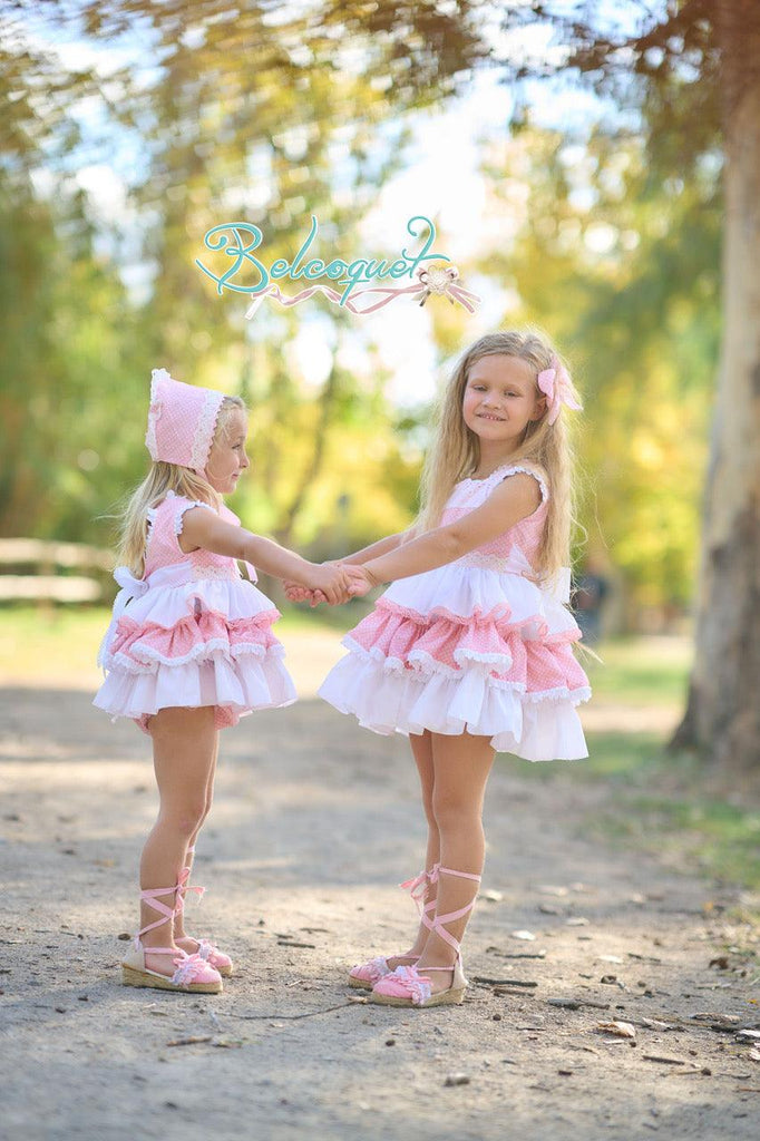Belcoquet SS24 - Baby Girls White & Pink Heart Back Dress, Knickers & Bonnet - Mariposa Children's Boutique