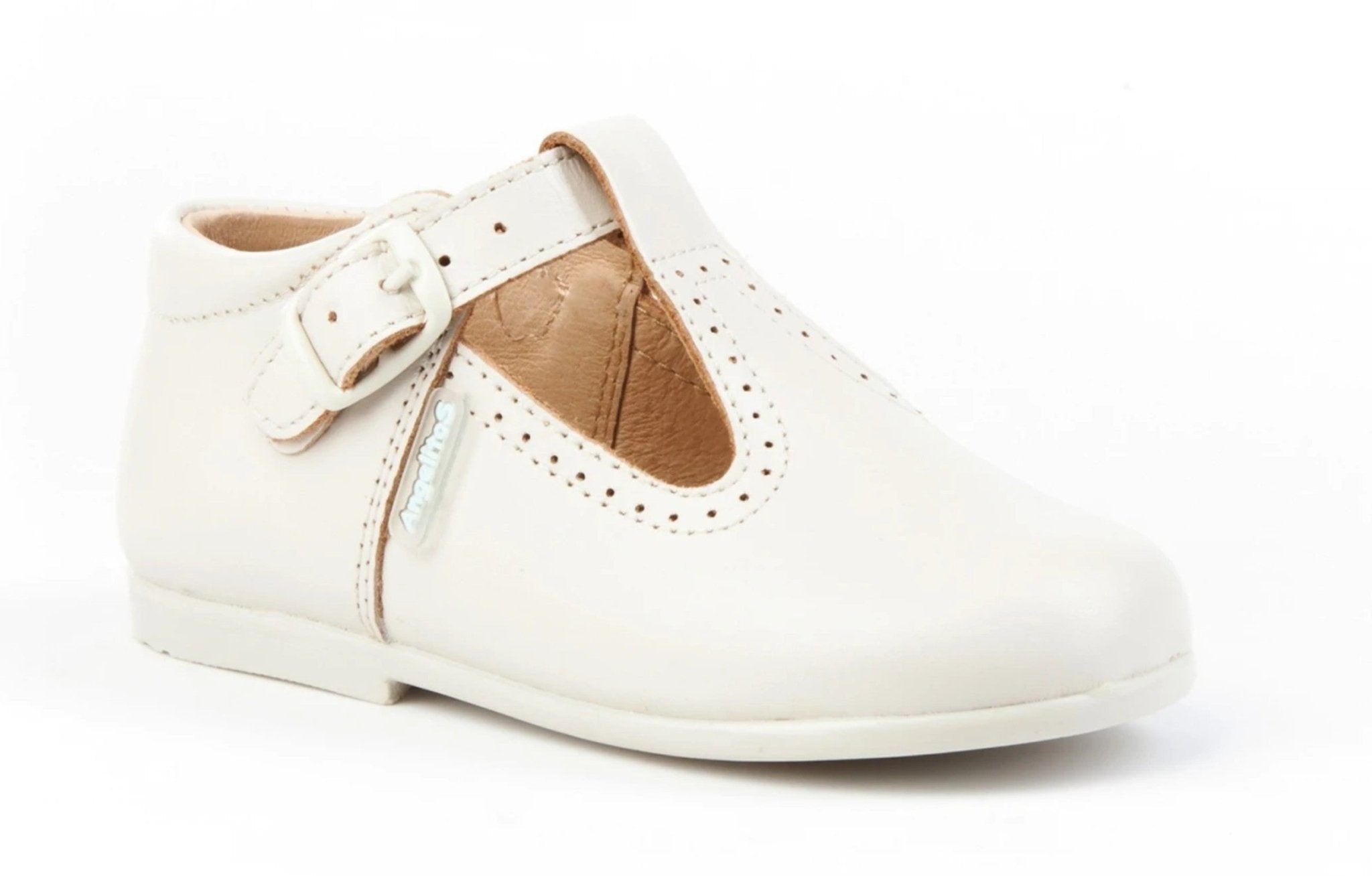 Boys' Beige Leather T-Bar Shoes | Angelitos Spanish Handmade Footwear