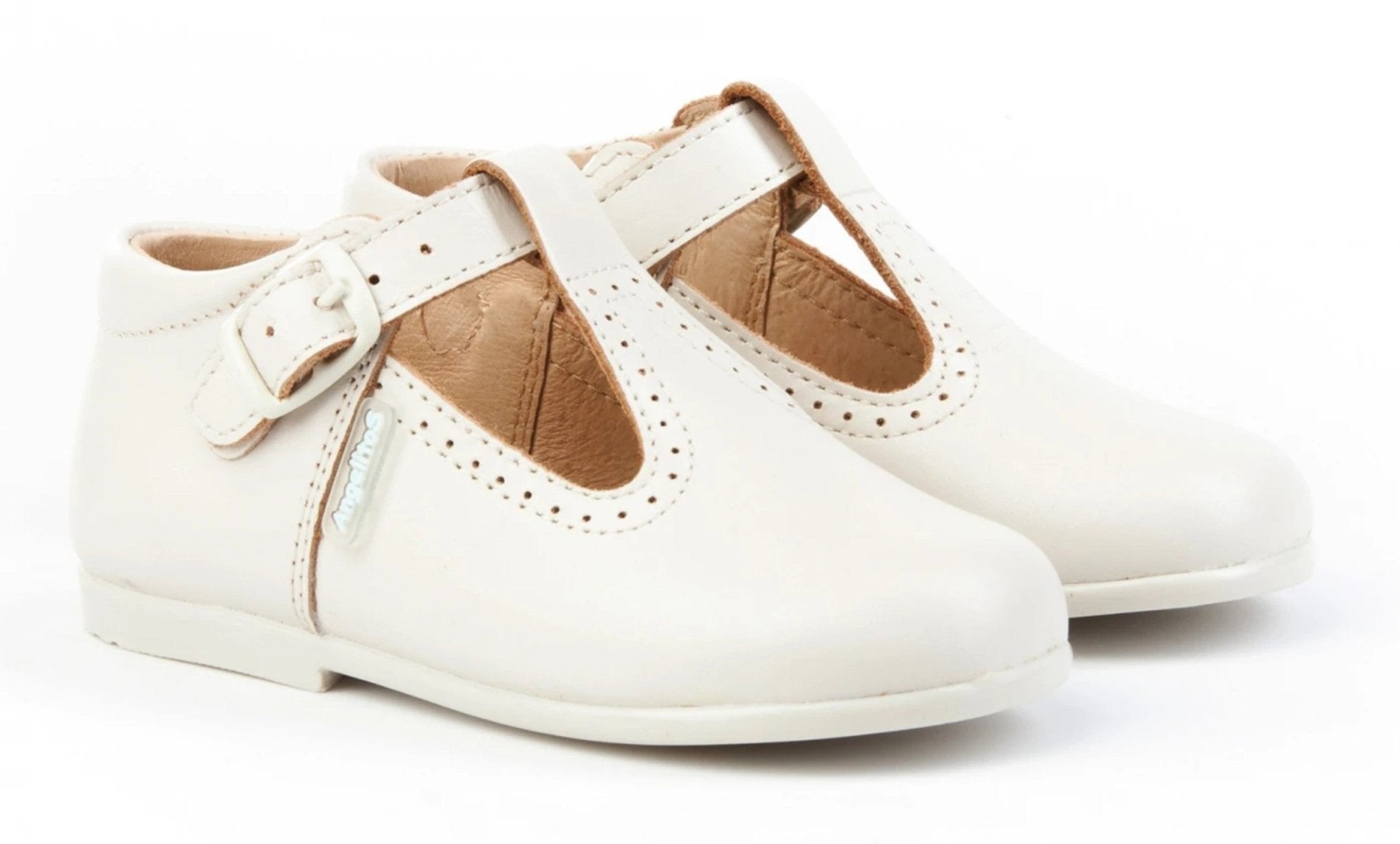 Boys' Beige Leather T-Bar Shoes | Angelitos Spanish Handmade Footwear