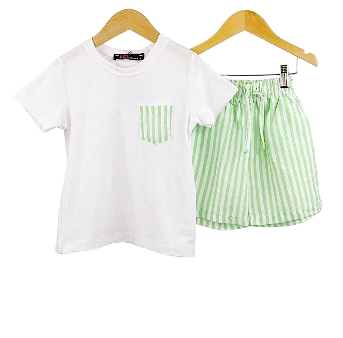 Boys - White & Green Stripe Shorts & T-Shirt Set - Mariposa Children's Boutique