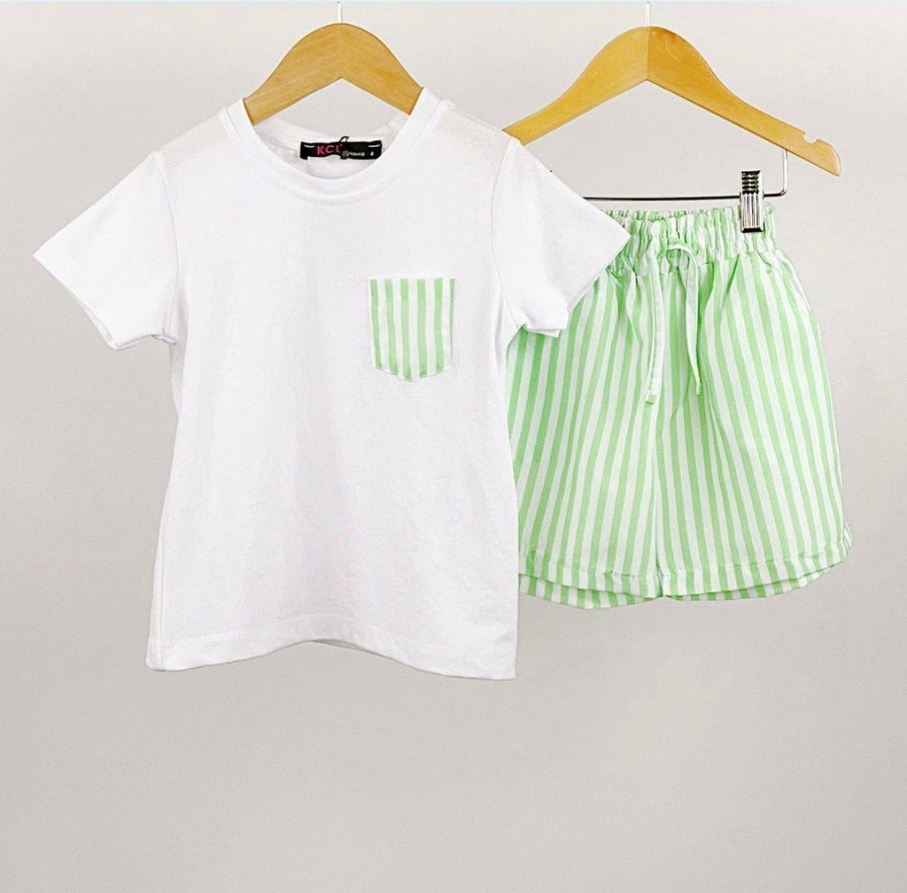 Boys - White & Green Stripe Shorts & T-Shirt Set - Mariposa Children's Boutique