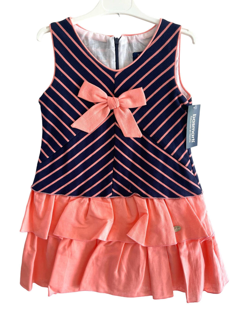 CLEARANCE DEAL - Basmarti - Navy & Coral Drop Waist Ruffle Dress - Mariposa Children's Boutique