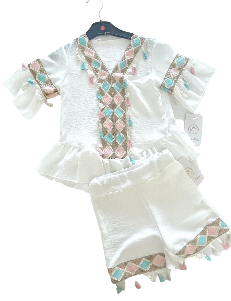 CLEARANCE DEAL - Girls Ivory and Multi Coloured Summer Blouse with Matching Shorts - Mariposa Children's Boutique