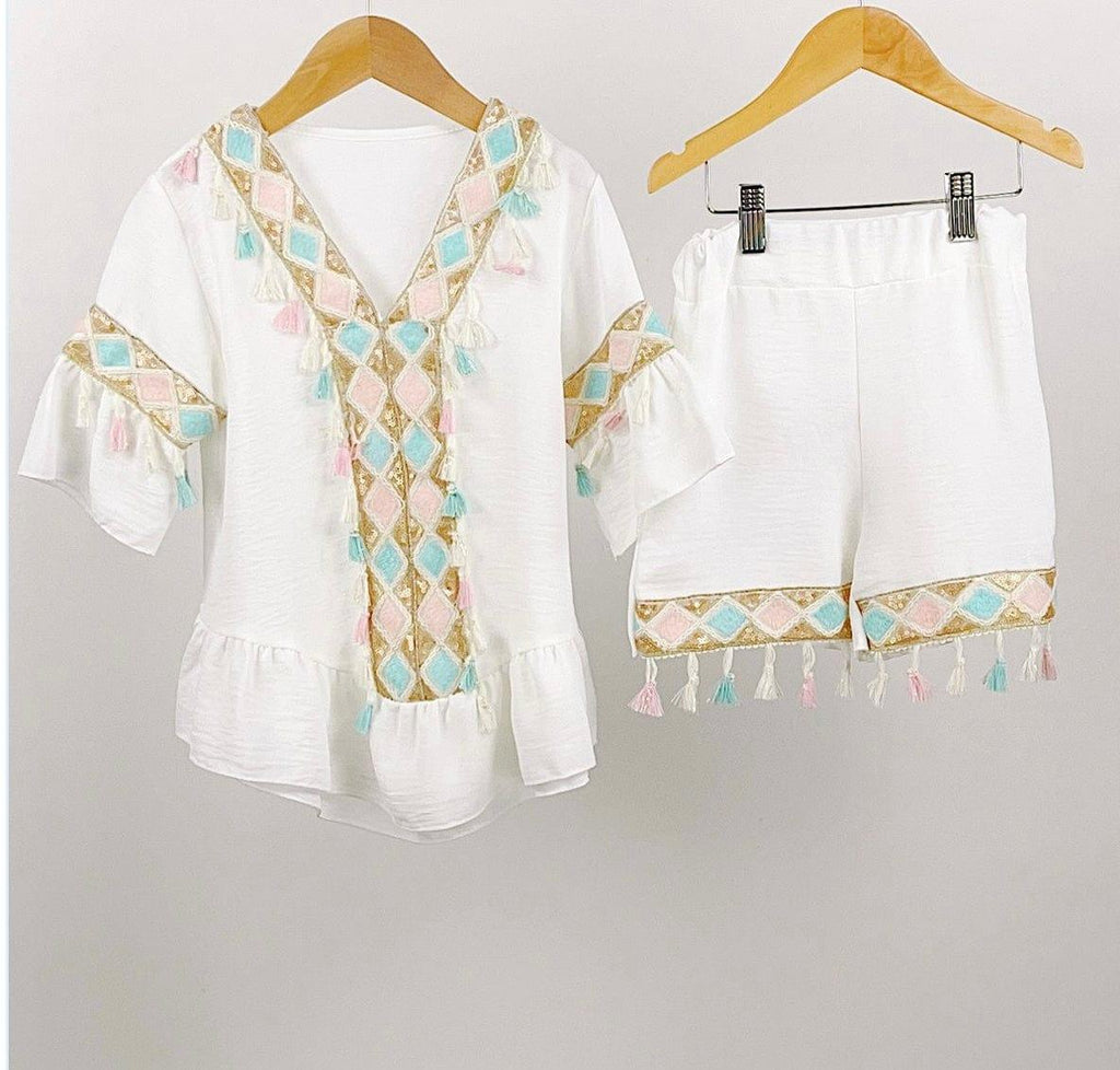 Girls Ivory and Multi Coloured Summer Blouse with Matching Shorts - Mariposa Children's Boutique