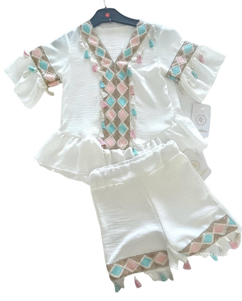 CLEARANCE DEAL - Girls Ivory and Multi Coloured Summer Blouse with Matching Shorts - Mariposa Children's Boutique