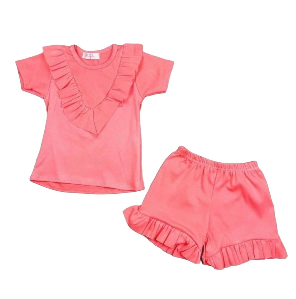 CLEARANCE DEAL - Loungewear - Girls Coral Ruffle T-Shirt & Shorts - Mariposa Children's Boutique