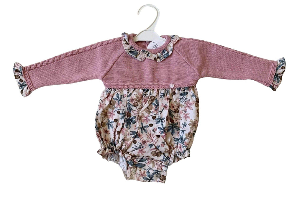 CLEARANCE DEAL - Minhon - Baby Girls Dusky Pink Knit Top Floral Romper Suit - Mariposa Children's Boutique