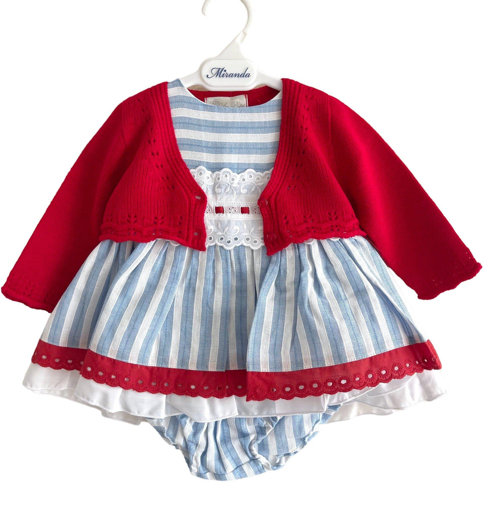 Miranda - Baby Girls Blue, White & Red Dress, Knickers & Bolero 6m - Mariposa Children's Boutique