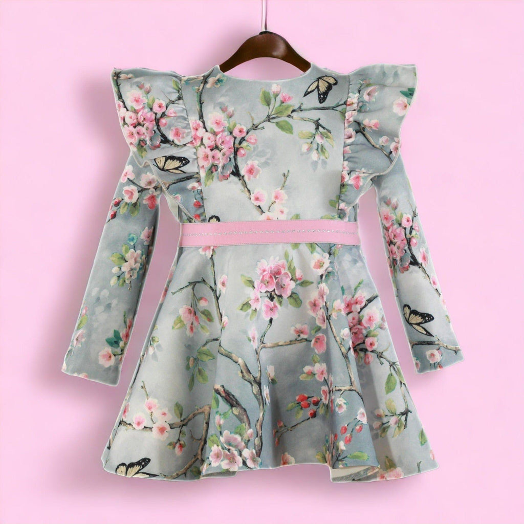 CLEARANCE DEAL - Miranda - Girls Bluey Grey & Pink Floral Print Dress 253V - Mariposa Children's Boutique