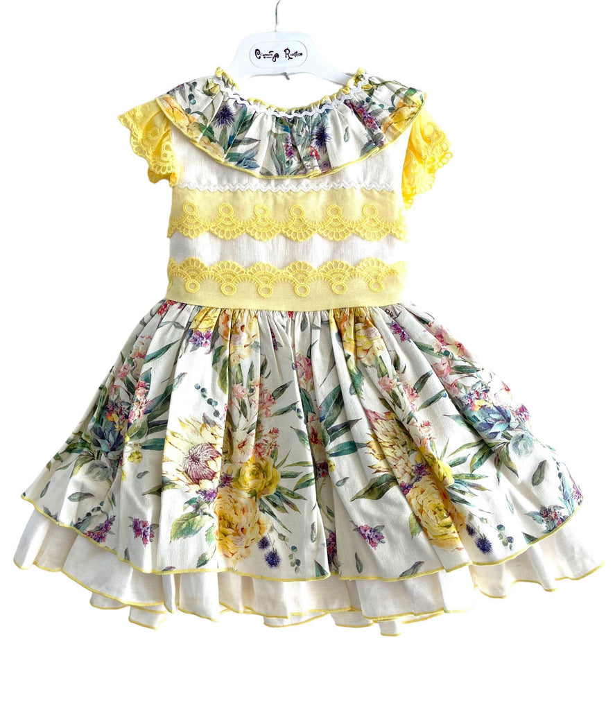 CLEARANCE DEAL - Ricittos - Girls Yellow & Cream Dress & Headpiece - Mariposa Children's Boutique