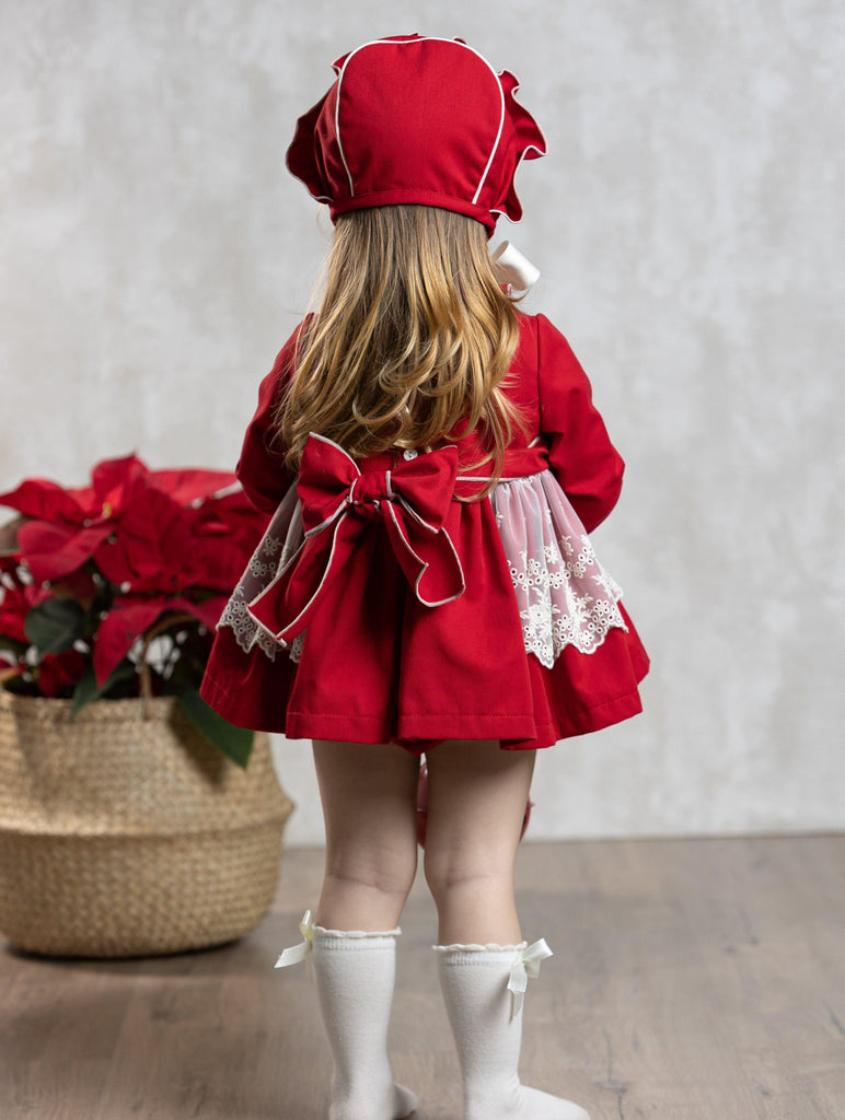 Abuela Tata AW23 - Baby Girls Red & Cream Dress with Matching Knickers & Bonnet - Mariposa Children's Boutique