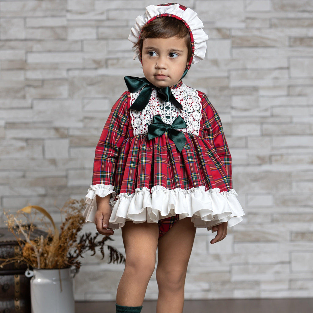 Abuela Tata AW23 - Baby Girls Red Tartan Dress, Knickers & Bonnet Set - Mariposa Children's Boutique