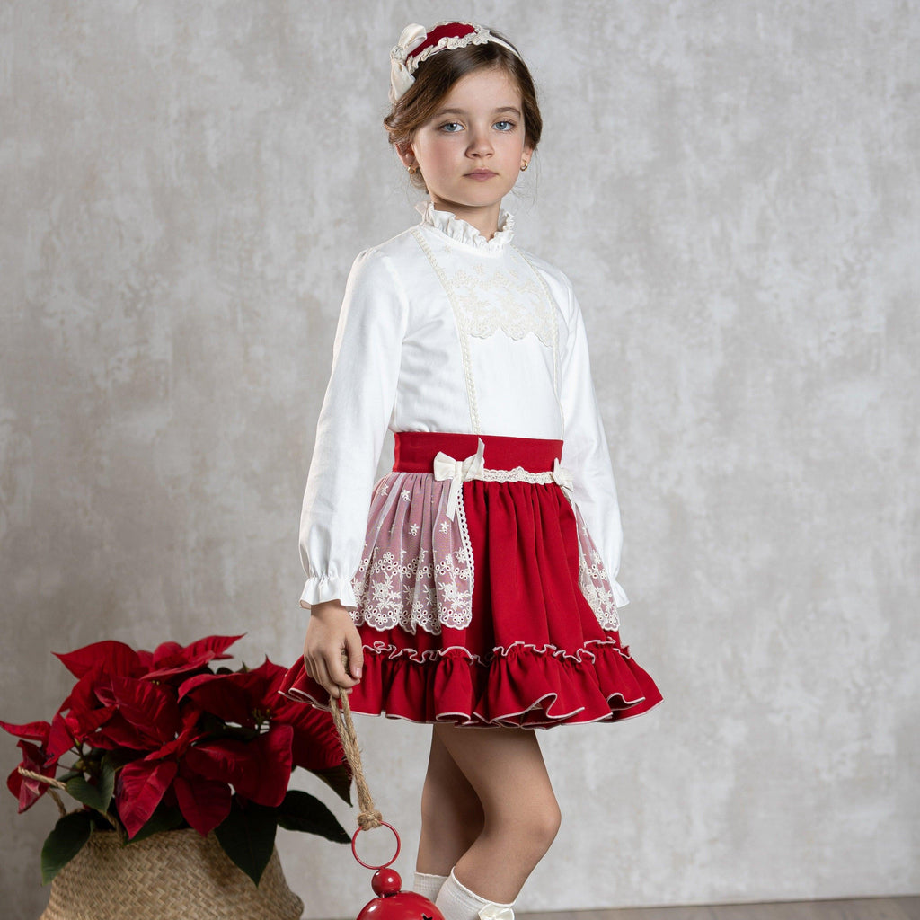Abuela Tata AW23 Girls Red & Cream Skirt & Blouse Set 