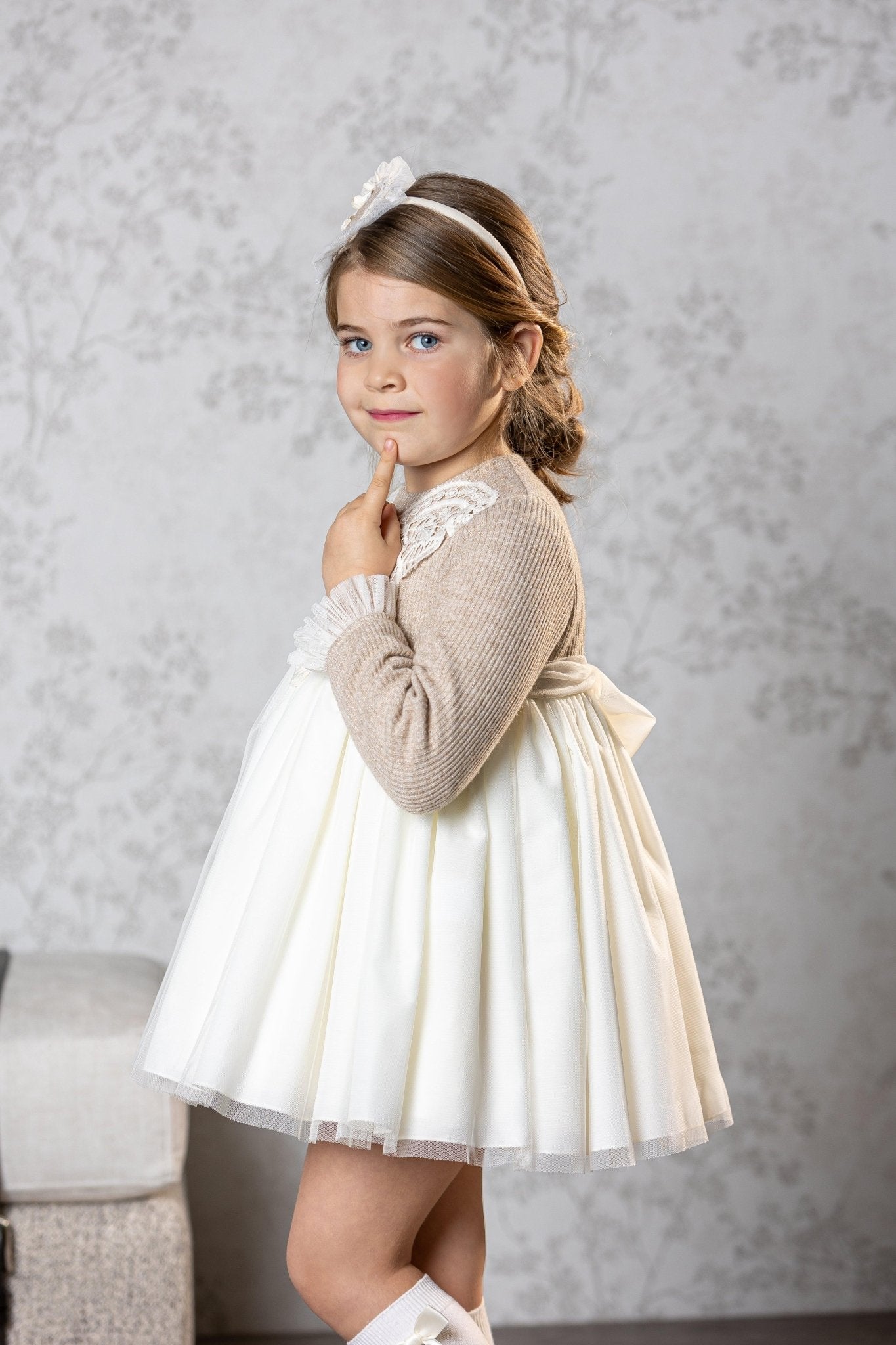 CLEARANCE SALE Abuela Tata - Girls Beige and Cream Dress & Headpiece - Mariposa Children's Boutique