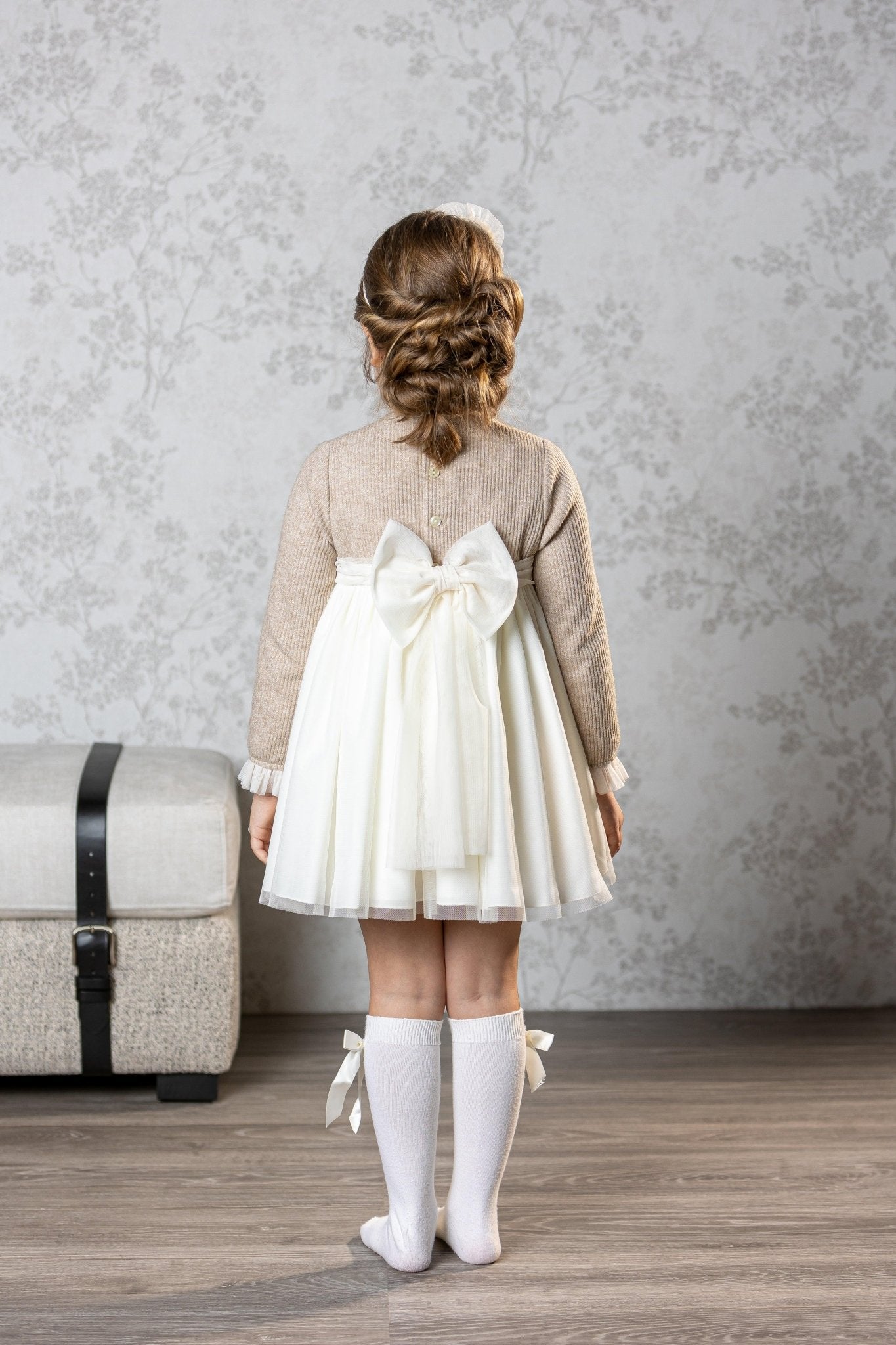 CLEARANCE SALE Abuela Tata - Girls Beige and Cream Dress & Headpiece - Mariposa Children's Boutique