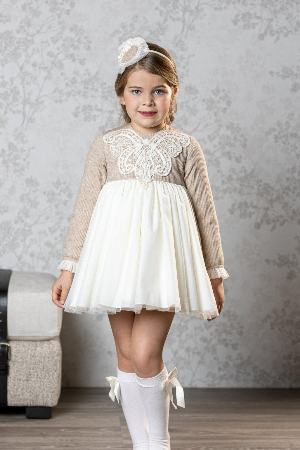 CLEARANCE SALE Abuela Tata - Girls Beige and Cream Dress & Headpiece - Mariposa Children's Boutique