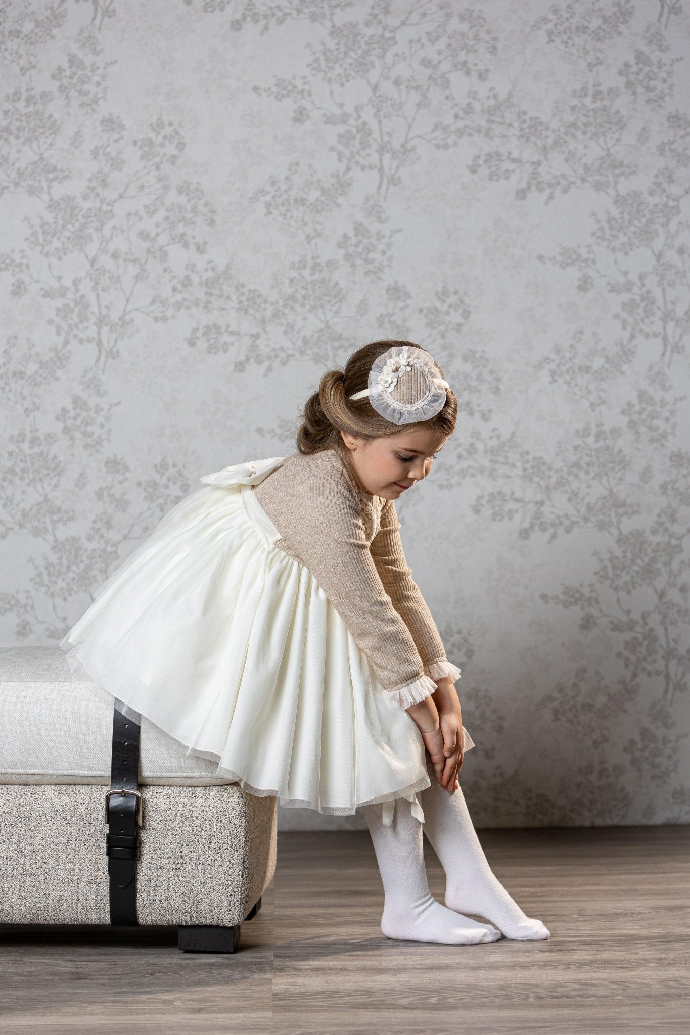 CLEARANCE SALE Abuela Tata - Girls Beige and Cream Dress & Headpiece - Mariposa Children's Boutique