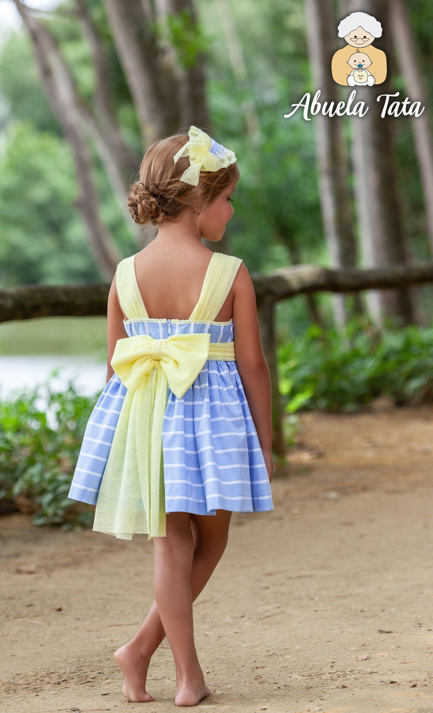 CLEARANCE SALE - Abuela Tata - Girls Blue & Lemon Dress & Headpiece - Mariposa Children's Boutique